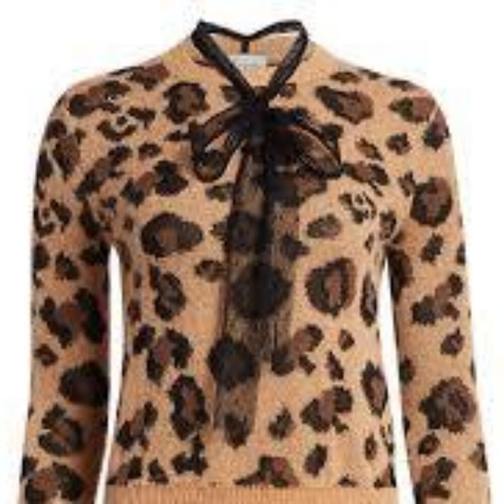RED Valentino Polka Dot Tie Neck Leopard Print Sweater M/L camel NWOT